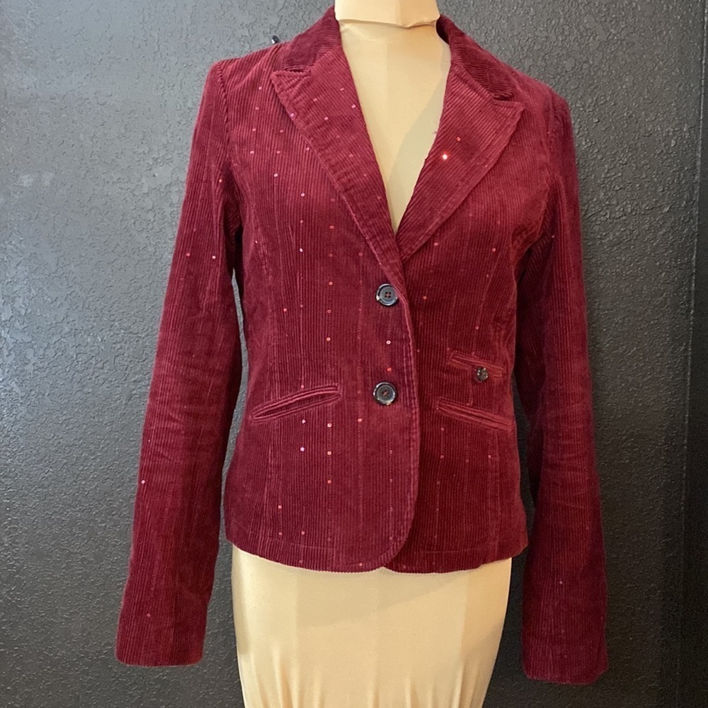 AMERICA eagle Outfitters wine red sequined corduroy fitted cropped suit jacket